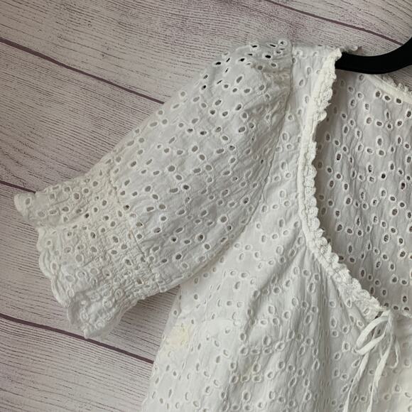 Lulus Sweet Sunshine White Eyelet Lace Crop Top Puff Sleeves Tie String Size S - Picture 4 of 11